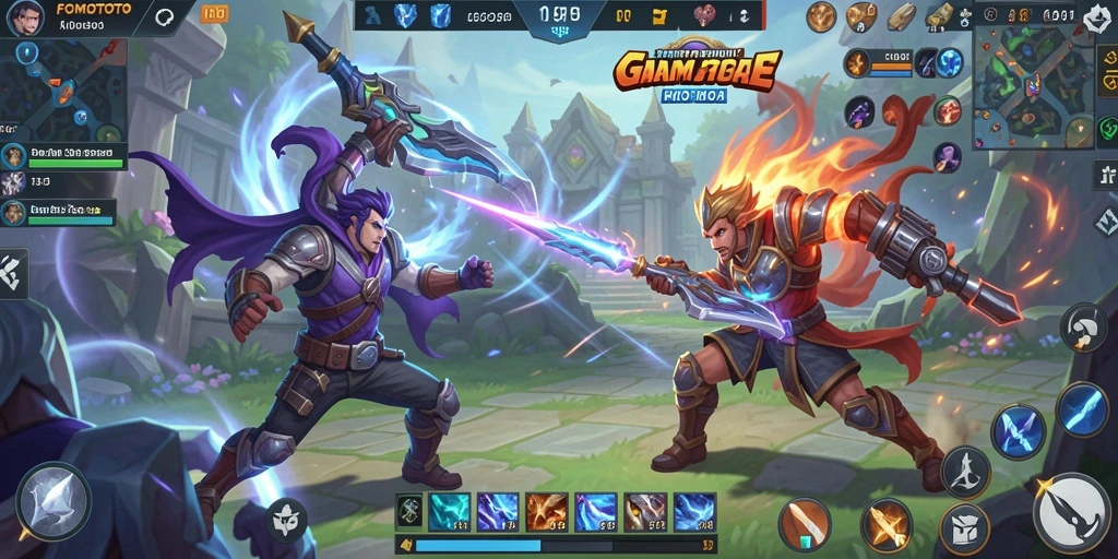 Tampilan seru dari gameplay FOMOTOTO dalam pertempuran MOBA.