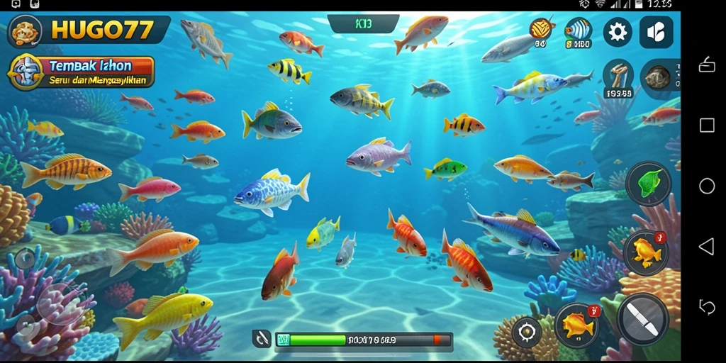 Screenshot HUGO77 menampilkan gameplay seru saat menembak ikan.