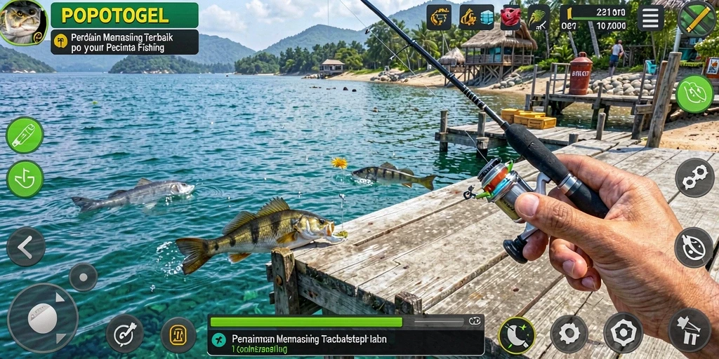 Screenshot utama gameplay POPOTOGEL menampilkan petualangan memancing yang seru.