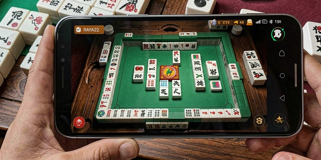Tampilan gameplay seru RAYA22 dalam pertandingan Mahjong.