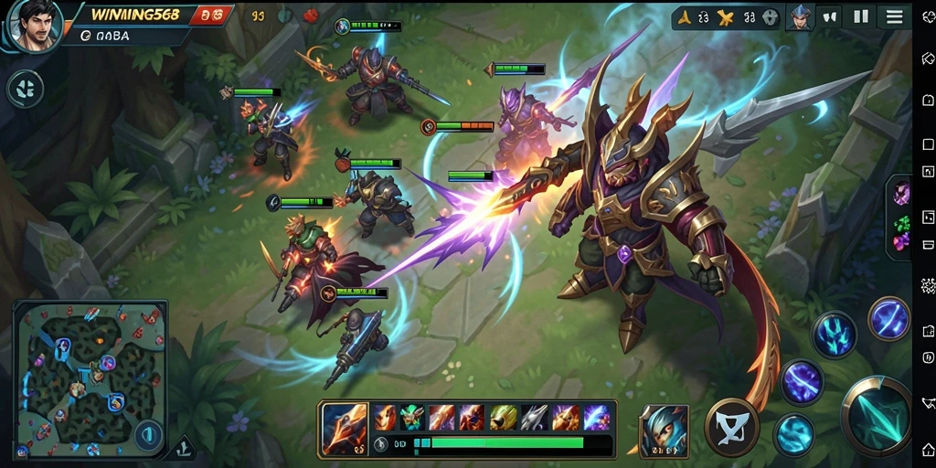 Screenshot gameplay <strong>WINNING568</strong> menampilkan aksi tim yang seru dalam pertempuran MOBA.